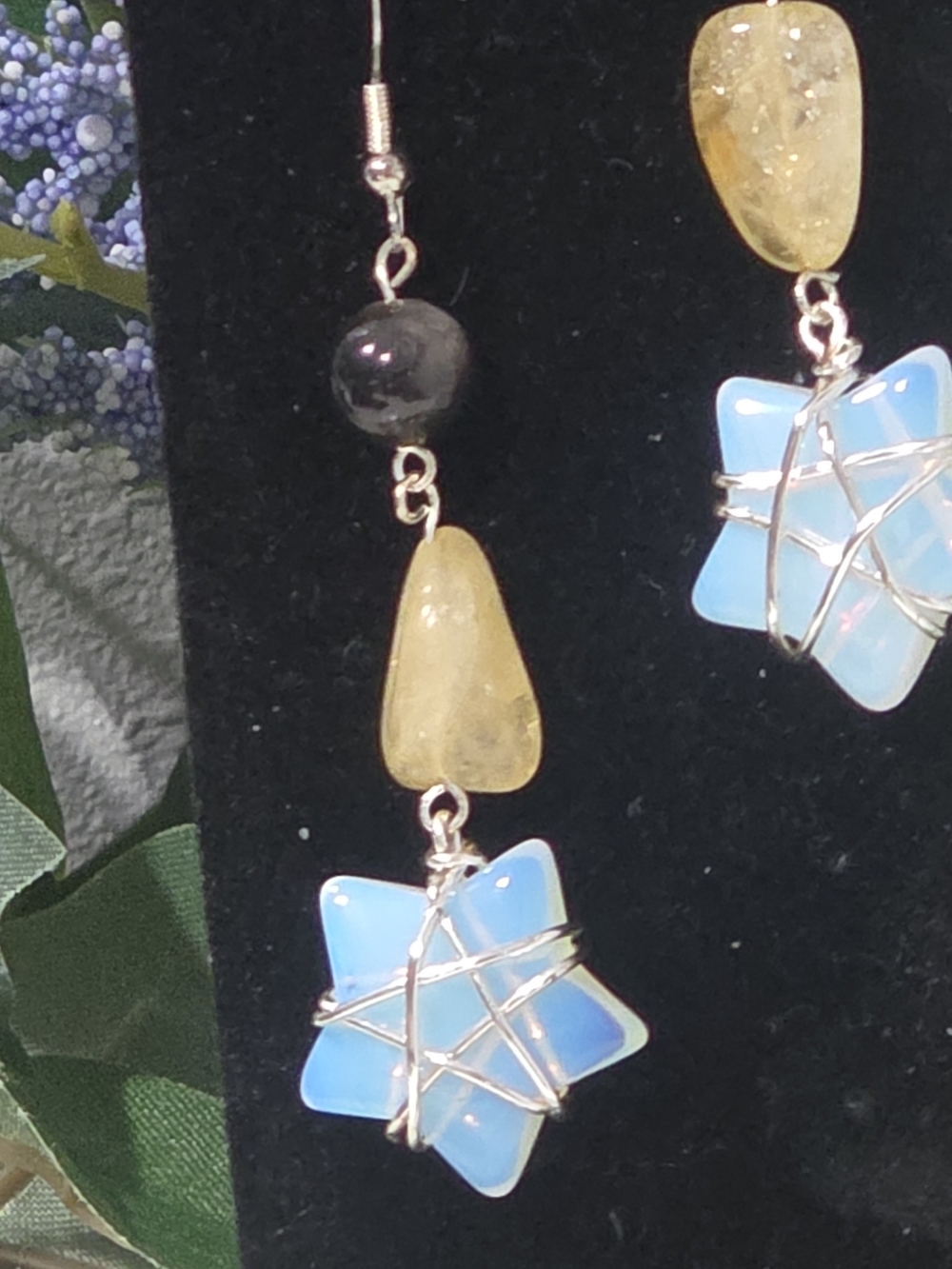 Hand Crafted Blue Opalite Star & Yellow Drop Earrings